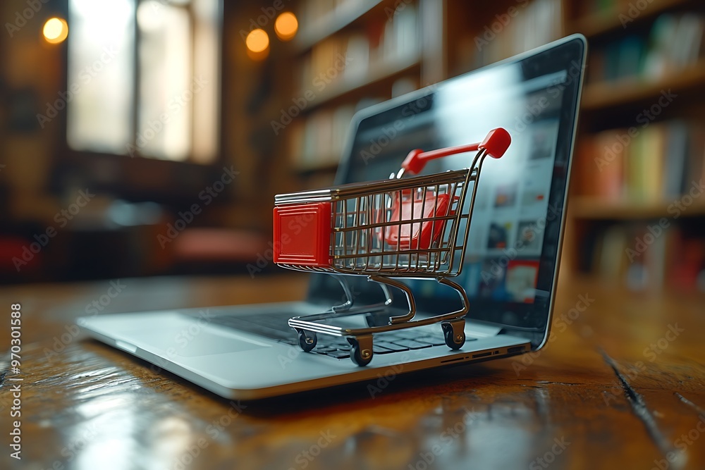 Shopping Cart Model and Laptop on Blurred Home Background. E-Commerce Concept Shopping Cart Model and Laptop on Blurred Home Background. E-Commerce Concept