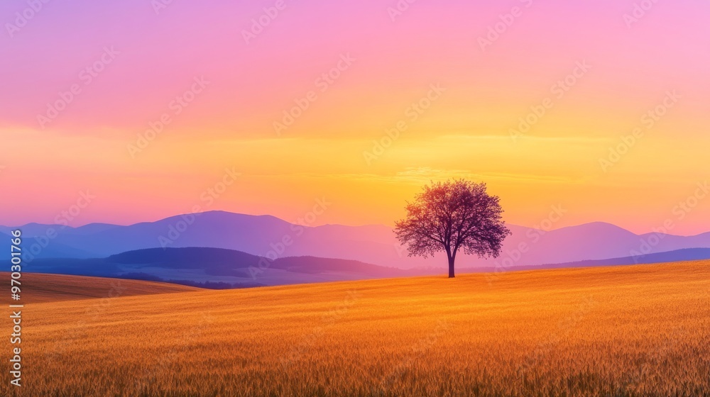 Lone tree in sunset field, tranquil landscape Lone tree in sunset field, tranquil landscape