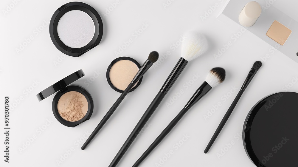 Flat lay of elegant makeup brushes and compact powders on a white background, ultra-sharp photograph Flat lay of elegant makeup brushes and compact powders on a white background, ultra-sharp photograph