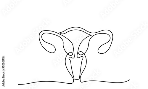 Continuous line drawing of women's Uterus and Ovary. One line Female reproductive system uterus vector illustration isolated on white background.