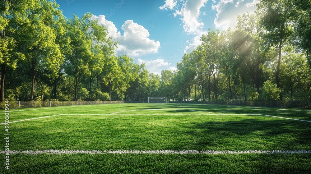 Fototapeta premium Lush Green Soccer Field Surrounded by Trees Under a Sunny Sky