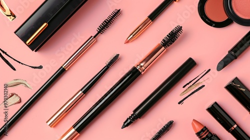 Detailed flat lay of makeup essentials with eyeliners, mascaras, and eyebrow pencils photo