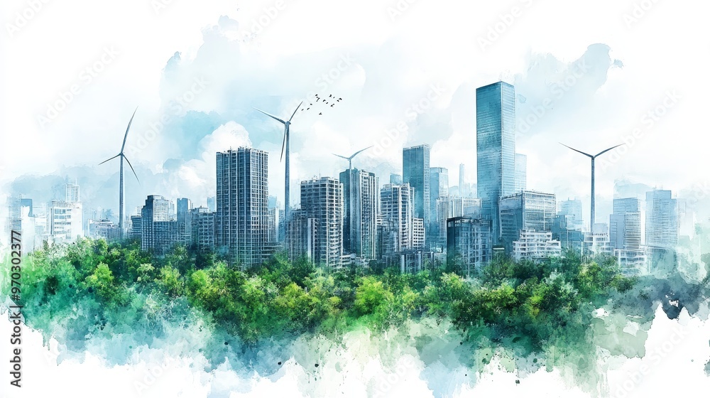 Obraz premium Urban landscape, wind turbines blending with modern buildings, sustainable energy theme, Watercolor style