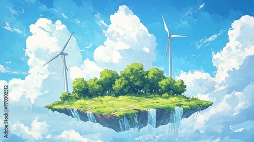 A serene floating island covered in lush forests and energized by modern wind turbines, with ethereal waterfalls flowing into the sky, blending nature with advanced technology photo