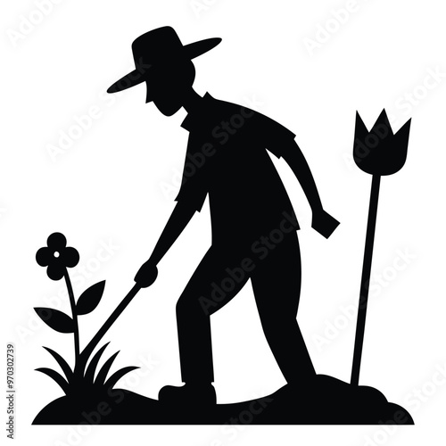 Line Art Farmer Silhouette Vector.