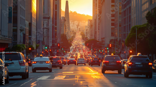 A busy urban street during golden hour, traffic lights glowing overhead, cars lined up at the intersection, skyscrapers and distant hills illuminated by the warm evening sun photo