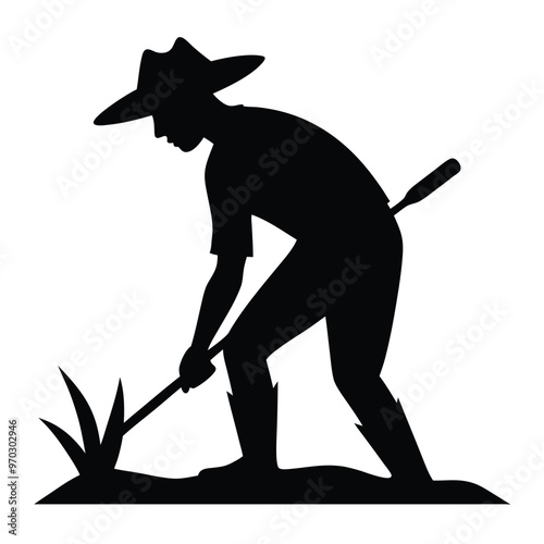 Line Art Farmer Silhouette Vector.