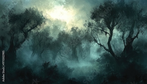 Fantasy illustration depicting a mysterious atmosphere with fog and silhouettes of trees