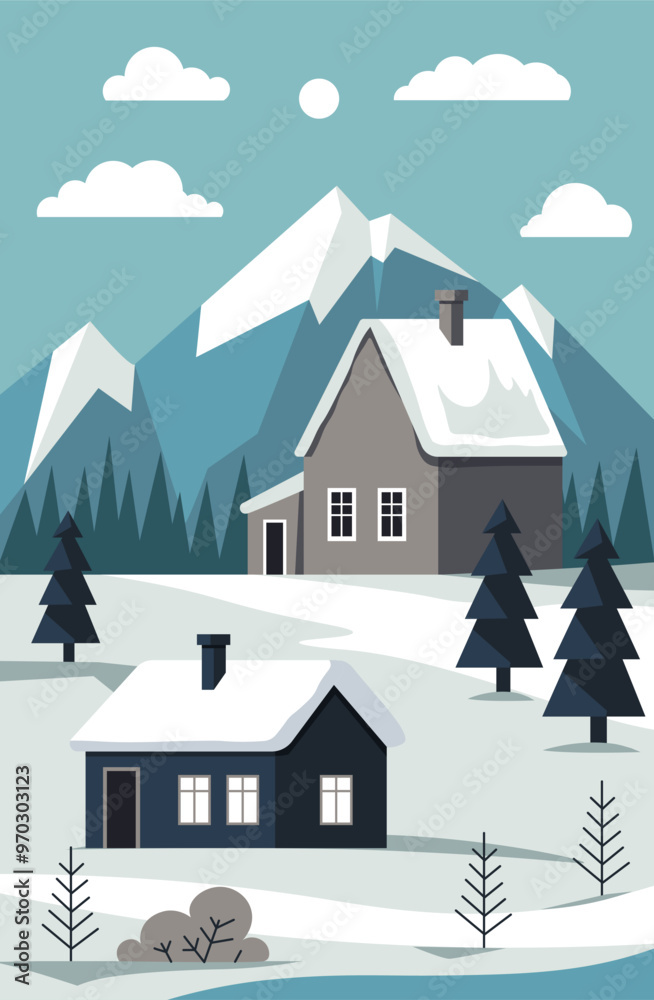 Snowy mountain cabin scene vector Snowy mountain cabin scene vector