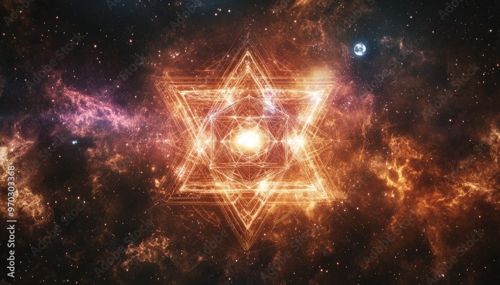 Cosmic space featuring a light merkaba and zodiac showcasing sacred geometry elements Cosmic space featuring a light merkaba and zodiac showcasing sacred geometry elements
