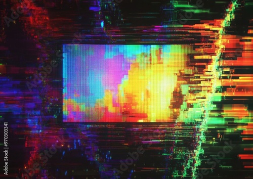 Psychedelic glitch background featuring an abstract design of digital pixel noise Visual representation of a television signal failure with vibrant colorful distortion photo