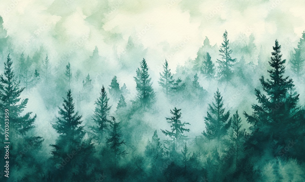 Fototapeta premium Misty forest watercolor backdrop