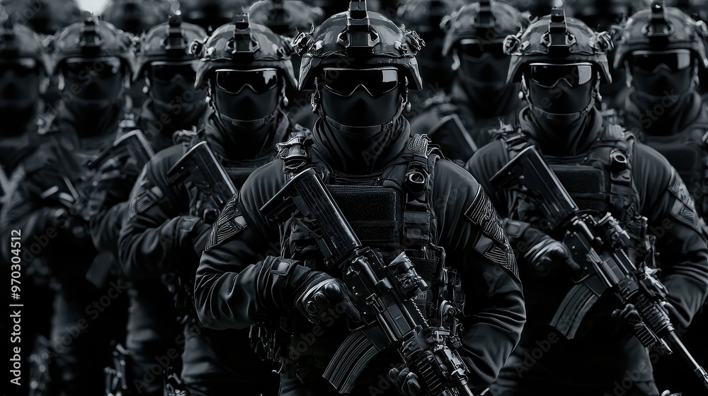 SWAT Team in Black Uniforms with Rifles SWAT Team in Black Uniforms with Rifles
