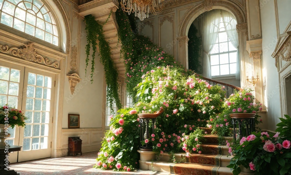 Naklejka premium an enchanting scene where a majestic, old-world staircase is engulfed in vibrant floral overgrowth, inside a serene and sunlit baroque manor.