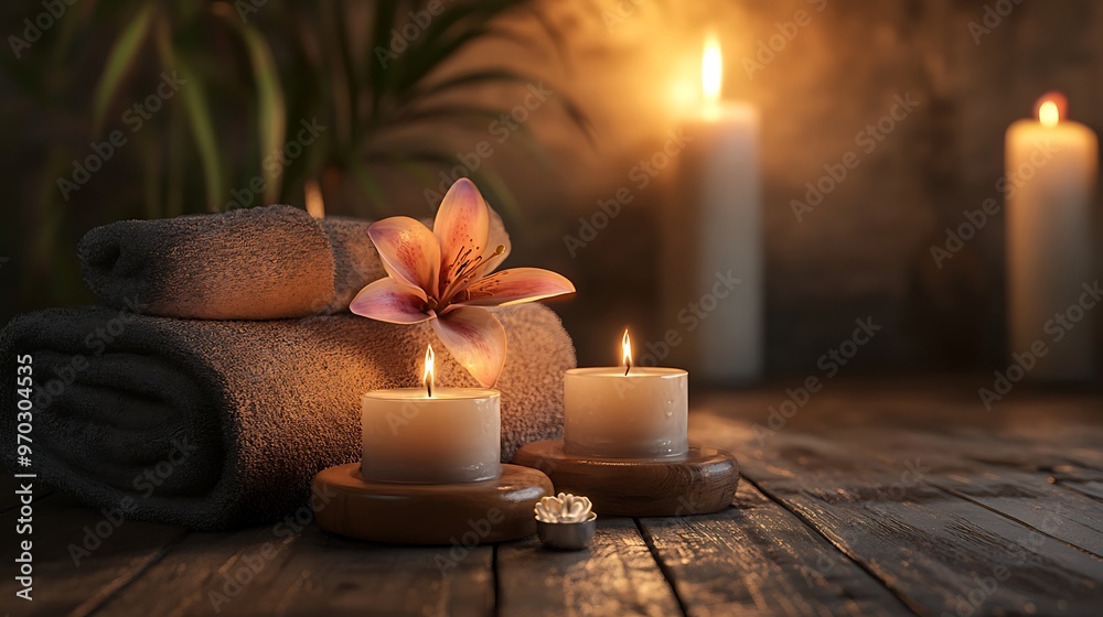 A spa setting with two lit candles, a towel, and a pink flower on a wooden table. A spa setting with two lit candles, a towel, and a pink flower on a wooden table.