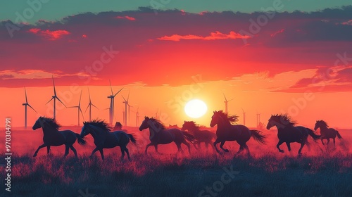 Herd of wild horses running, wind turbines in background, vibrant sunset, watercolor style