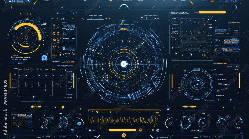 Futuristic HUD Interface with Neon Blue and Orange Graphics Futuristic HUD Interface with Neon Blue and Orange Graphics