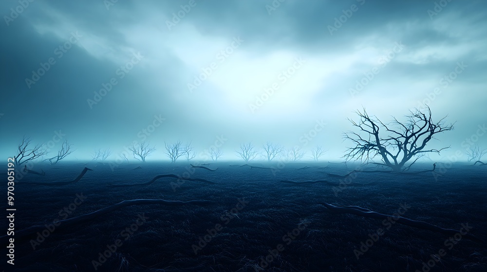 Fototapeta premium Desolate yard once full of life, now filled with debris and fallen trees, engulfed in fog, Dark Fantasy, Illustration, Muted Colors, Atmospheric