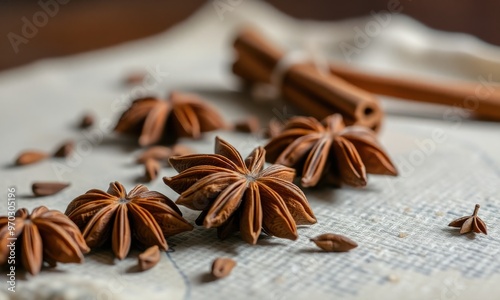 star anise and cinnamon sticks are scattered loosely over a vintage textured cloth with selective focus on one of the star anise pods in the foreground for depth effect.