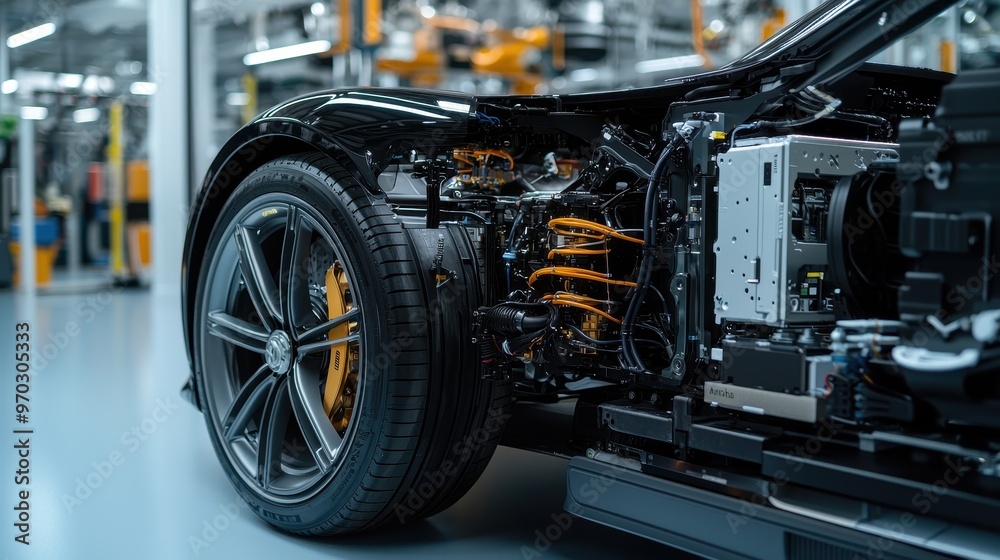 Fototapeta premium Black Luxury Sports Car with Open Hood and Visible Engine Components