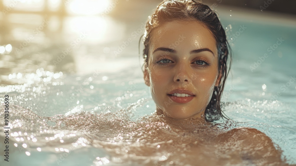 A woman is swimming in a pool and smiling A woman is swimming in a pool and smiling