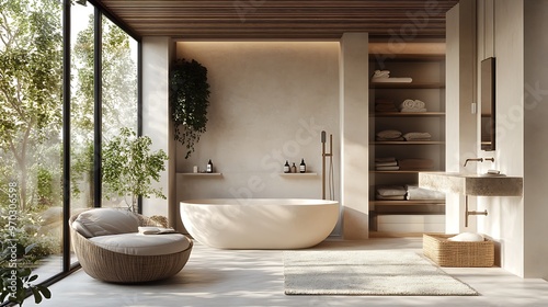 A modern bathroom with a freestanding bathtub, a large window overlooking a lush garden, and a wooden shelf with towels. The bathroom is decorated in neutral tones and features a large, fluffy rug.