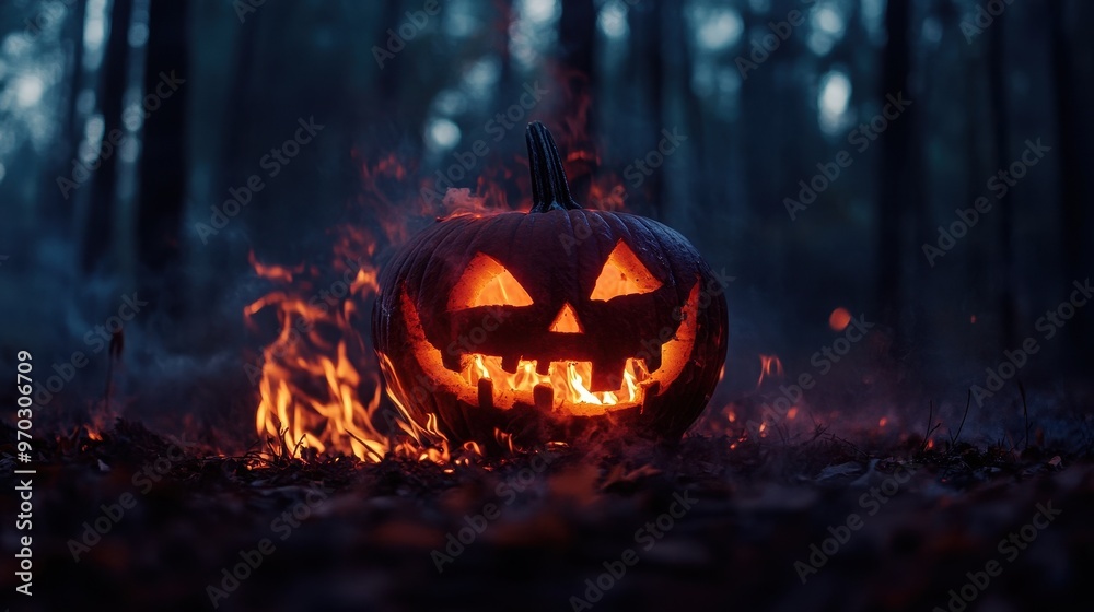 A pumpkin with a scary face is lit up in the dark A pumpkin with a scary face is lit up in the dark
