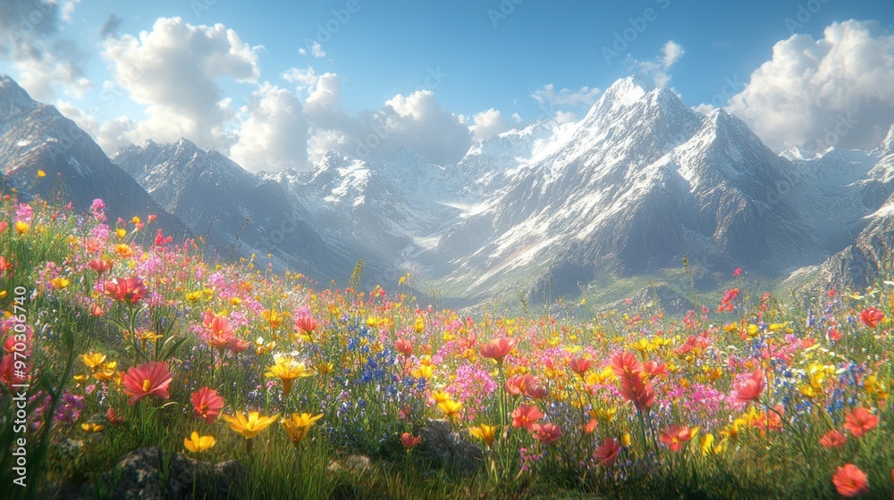 A Field of Wildflowers Before Snow-Capped Mountains A Field of Wildflowers Before Snow-Capped Mountains