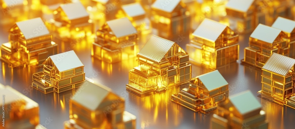 3D rendered visualization of a cluster of houses constructed from gold bars illustrating a luxury living concept 3D rendered visualization of a cluster of houses constructed from gold bars illustrating a luxury living concept