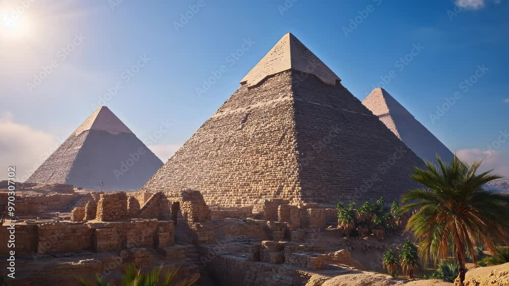 Three large pyramids in a desert landscape under a bright sky. Three large pyramids in a desert landscape under a bright sky.