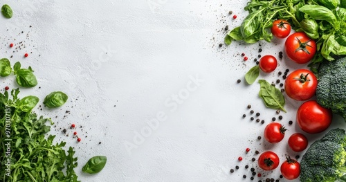 Fresh vegetables, cherry tomatoes, broccoli, spinach and basil leaves on a white background with copy space.