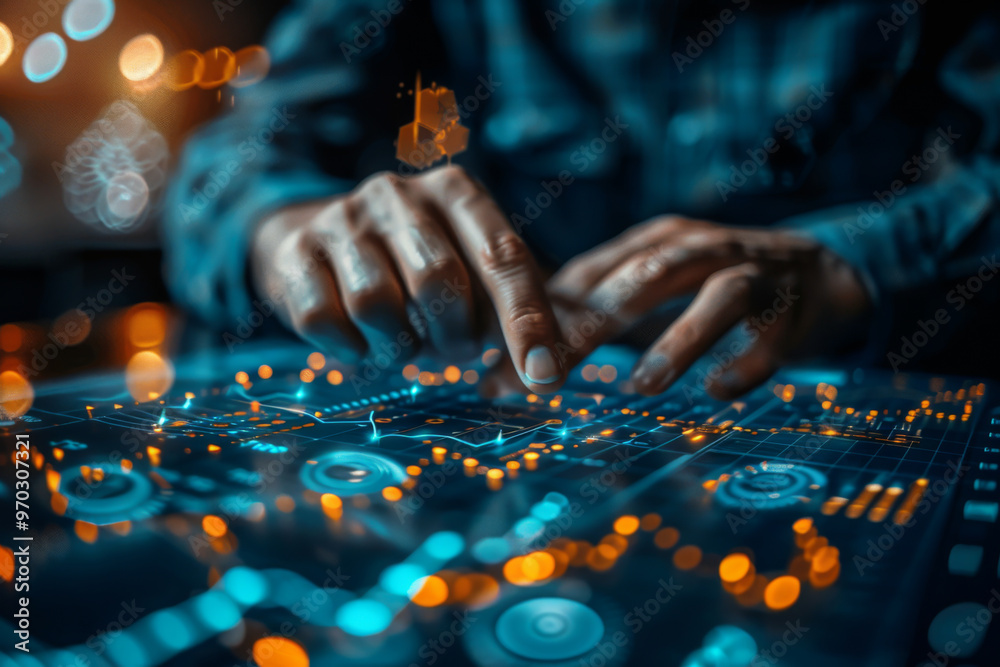 Businessman one hand index finger touching on financial data and economic growth graph chart Businessman one hand index finger touching on financial data and economic growth graph chart