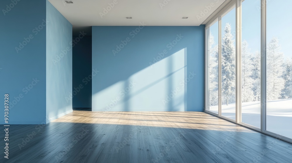 Fototapeta premium Spacious blue interior with wooden flooring featuring a large wall and a view of white landscapes through the window Nordic style home decor 3D rendering