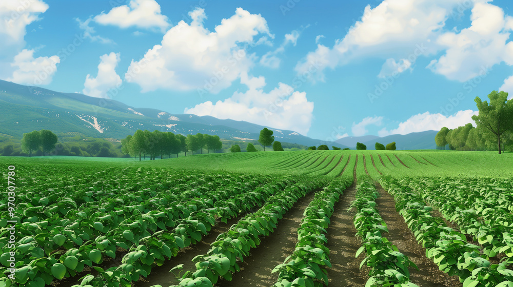 Large crop field with distant farmhouse and mountains Large crop field with distant farmhouse and mountains