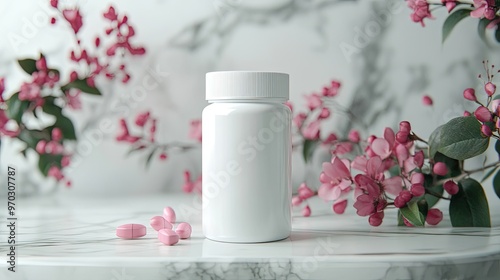 White Pill Bottle with Pink Tablets on Marble Surface Surrounded by Pink Flowers