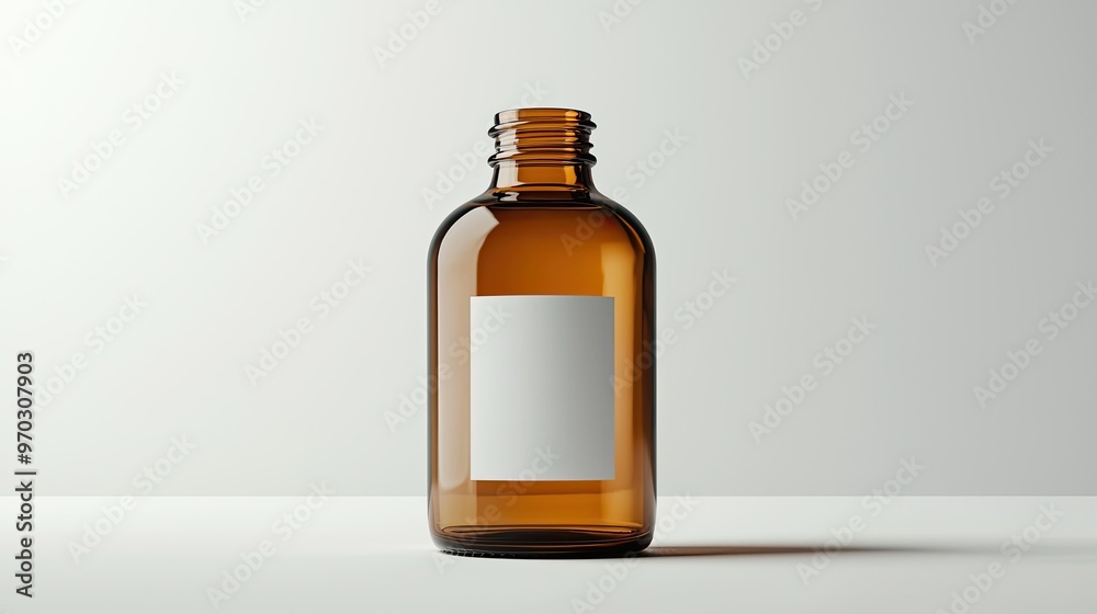 Minimalist Brown Glass Bottle with Blank Label on White Background for Product Mockup and Branding Minimalist Brown Glass Bottle with Blank Label on White Background for Product Mockup and Branding