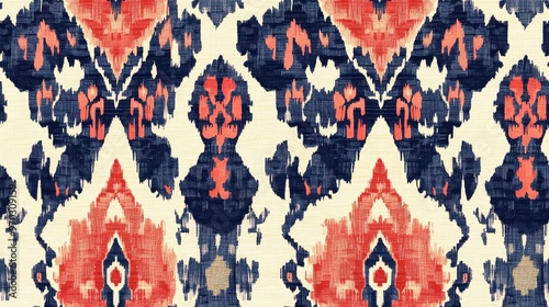 Ikat seamless pattern design featuring ethnic oriental traditional motifs suitable for various applications including backgrounds carpets wallpapers clothing wrapping batik and textiles