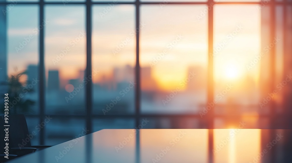 Fototapeta premium Elegant Modern Office Interior with Panoramic Windows and Soft Ambient Lighting