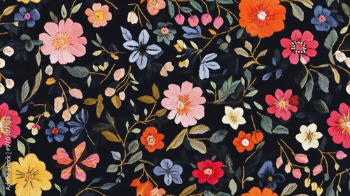 Fototapeta Naklejka Na Ścianę i Meble -  Bunches of beautiful floral motifs featuring handmade embroidery of ethnic flowers and leaves designed as a decorative element for fashion products Elegant watercolor patterns