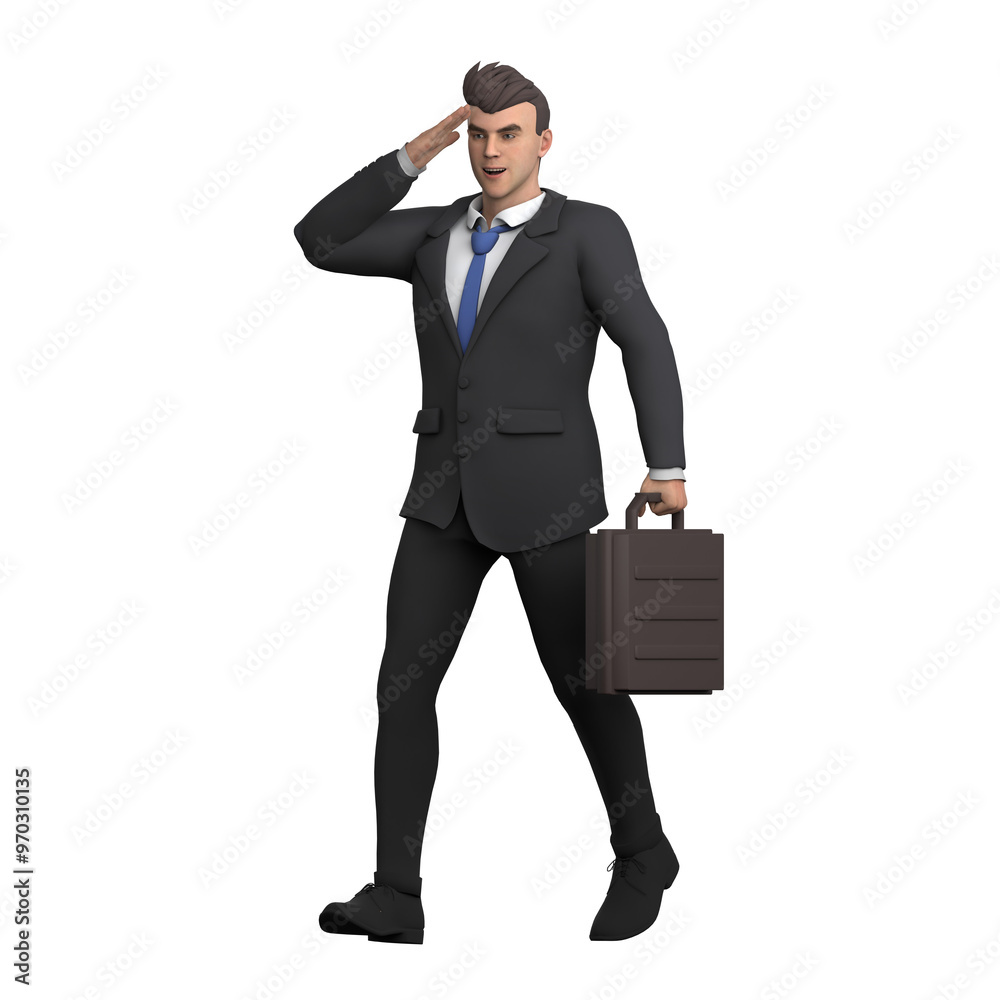 Male Lawyer in Legal Setting. A male lawyer walks with his right hand on his head as if saluting while his left hand carries a briefcase. 3D Character Male Lawyer in Legal Setting. A male lawyer walks with his right hand on his head as if saluting while his left hand carries a briefcase. 3D Character