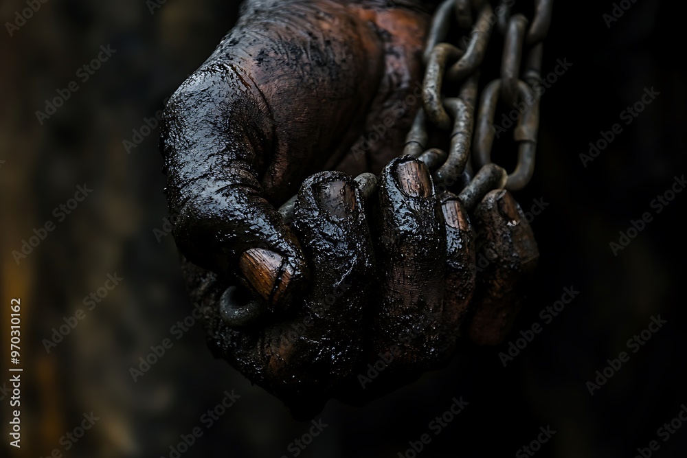 Dirty male hands clenched into fists chained with old rusty thick chain on the wooden boards. Dirty male hands clenched into fists chained with old rusty thick chain on the wooden boards.