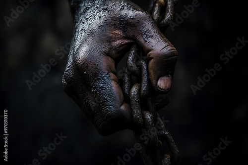 Dirty male hands clenched into fists chained with old rusty thick chain on the wooden boards.