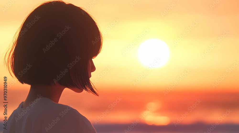 At a Sunset Beach: A Japanese woman gazing out at the ocean as the sun sets At a Sunset Beach: A Japanese woman gazing out at the ocean as the sun sets