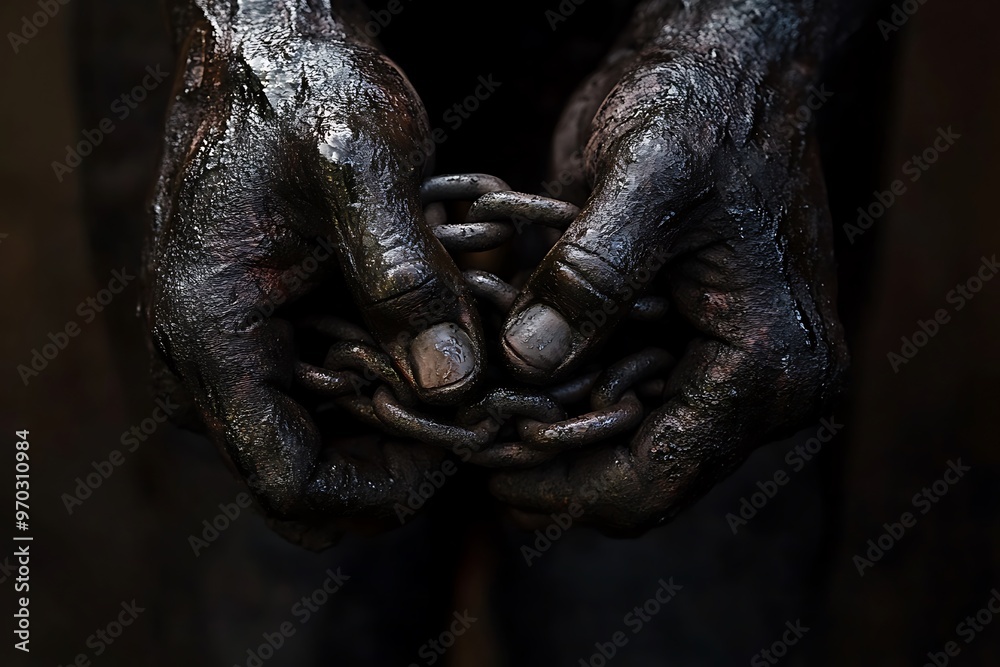 Dirty male hands clenched into fists chained with old rusty thick chain on the wooden boards. Dirty male hands clenched into fists chained with old rusty thick chain on the wooden boards.