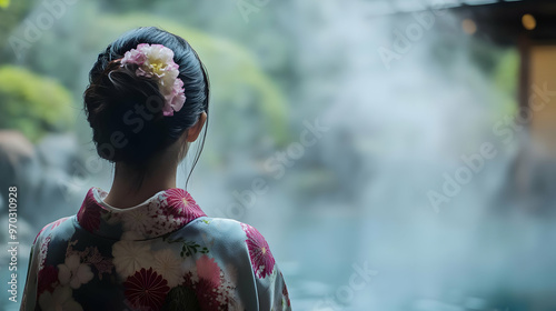 At a Traditional Hot Spring Resort: A Japanese woman wearing a yukata, standing near a hot spring photo