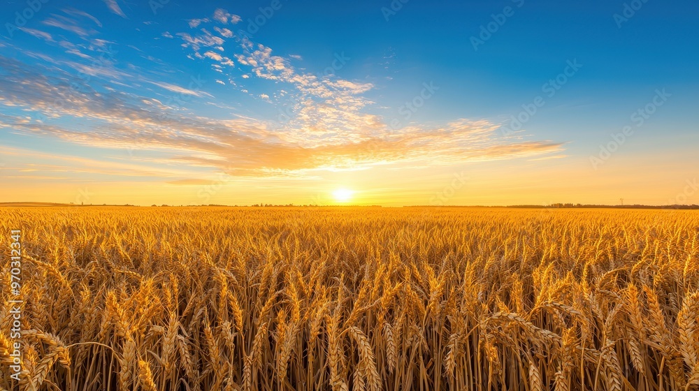 Obraz premium Golden Wheat Field at Sunset with Dramatic Sky