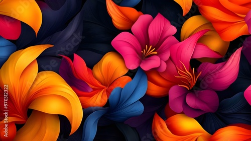 Swirling lines create seamless floral designs, bold contrasting hues, modern art style, digital illustration, high contrast.