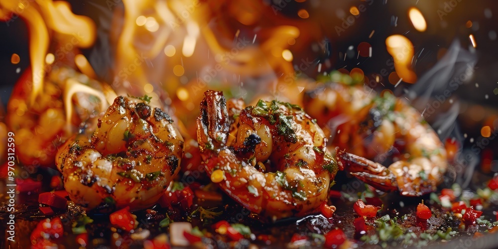 Aromatic Grilled King Prawns with Herbs and Garlic Pepper Sauce Traditional Spanish Tapas Spanish Cuisine Dish Aromatic Grilled King Prawns with Herbs and Garlic Pepper Sauce Traditional Spanish Tapas Spanish Cuisine Dish