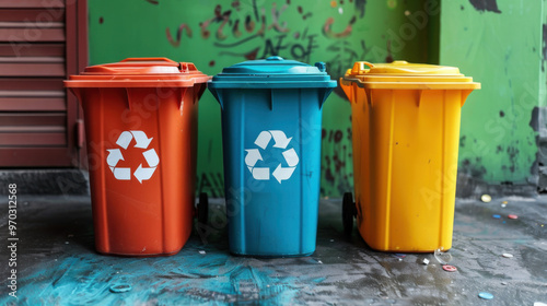 Collection of waste bins full of different types of garbage, recycling and separate waste collection concept