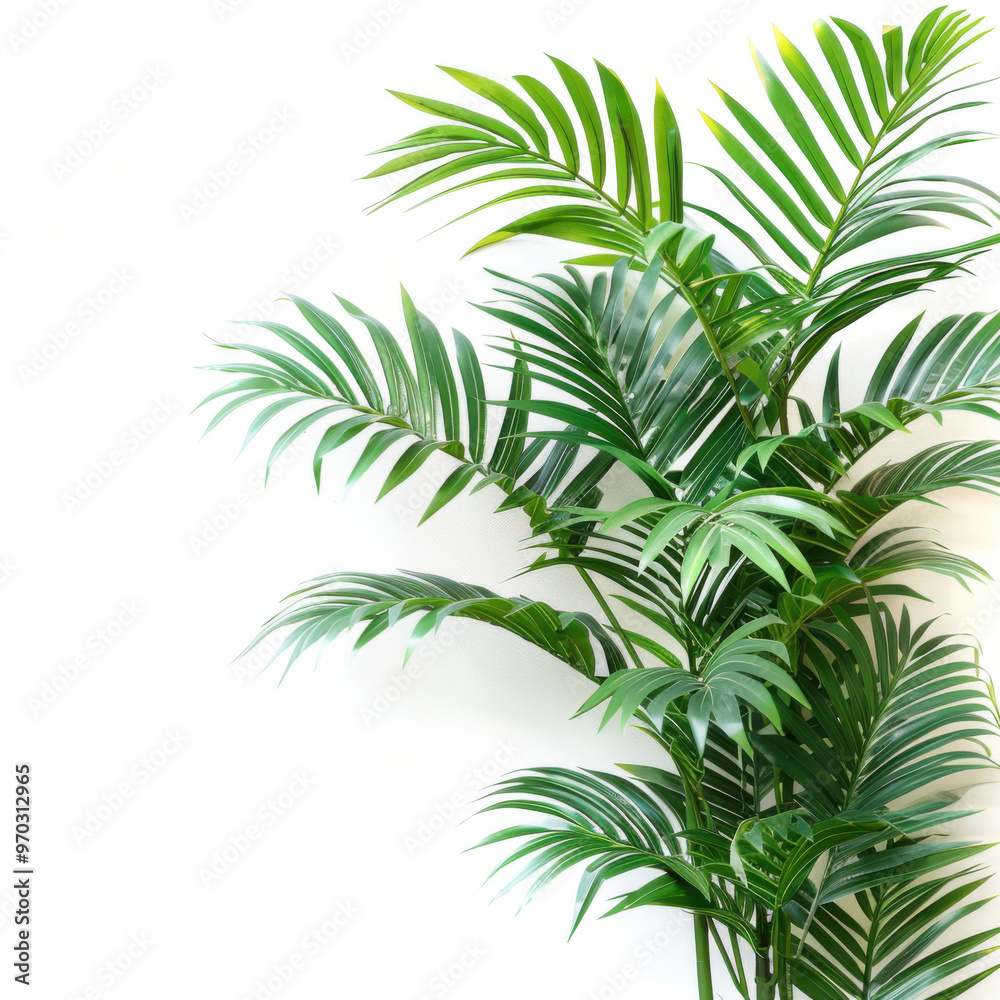 Green flat lay tropical palm leaf branches on white background. Room for text, copy Green flat lay tropical palm leaf branches on white background. Room for text, copy